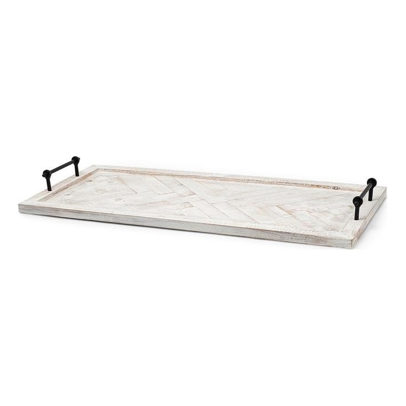 Maklaine Farmhouse Whitewashed Wooden Herringbone Rectangular Tray