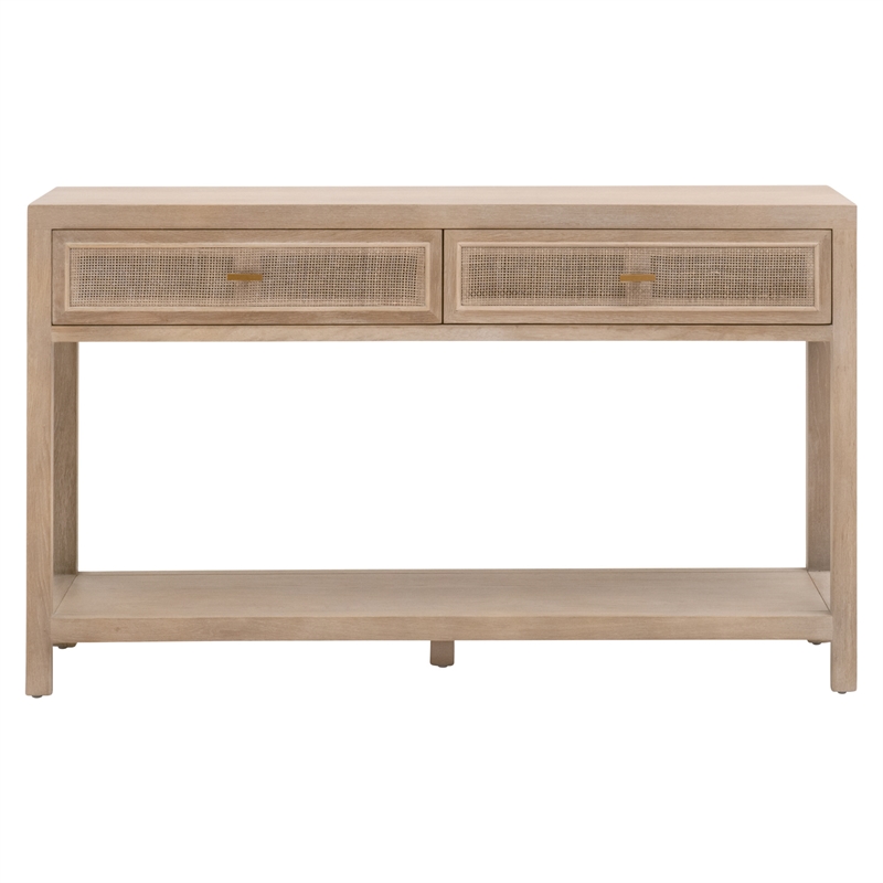 Maklaine Transitional Antique Cane Wood Entry Console in Smoke Gray