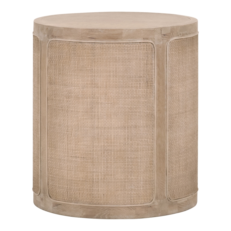 Maklaine Transitional Antique Cane Wood End Table in Smoke Gray Oak