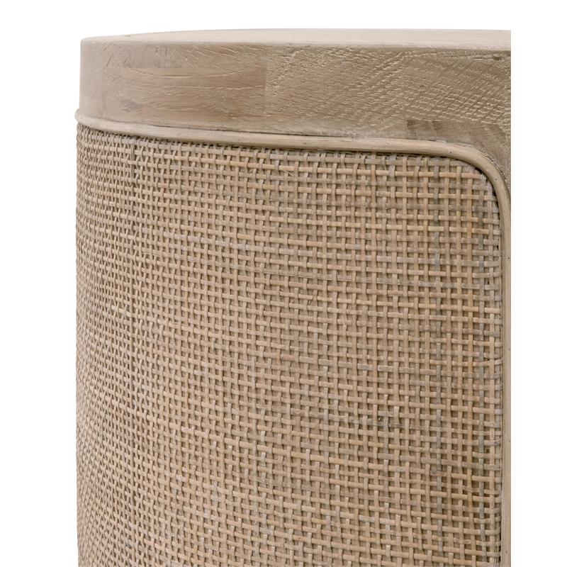 Maklaine Transitional Antique Cane Wood End Table in Smoke Gray Oak