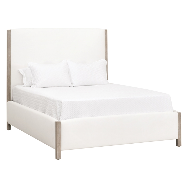 Maklaine Transitional King Bed in Peyton-Pearl Fabric and Natural Gray