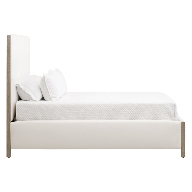 Maklaine Transitional King Bed in Peyton-Pearl Fabric and Natural Gray