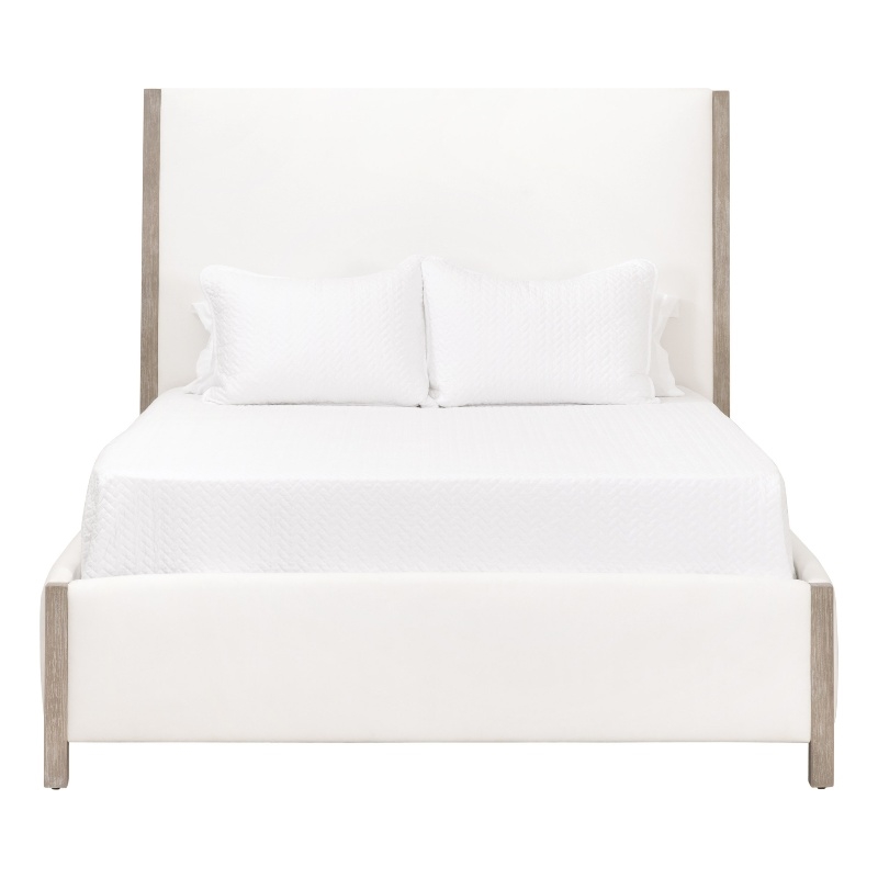 Maklaine Transitional King Bed in Peyton-Pearl Fabric and Natural Gray