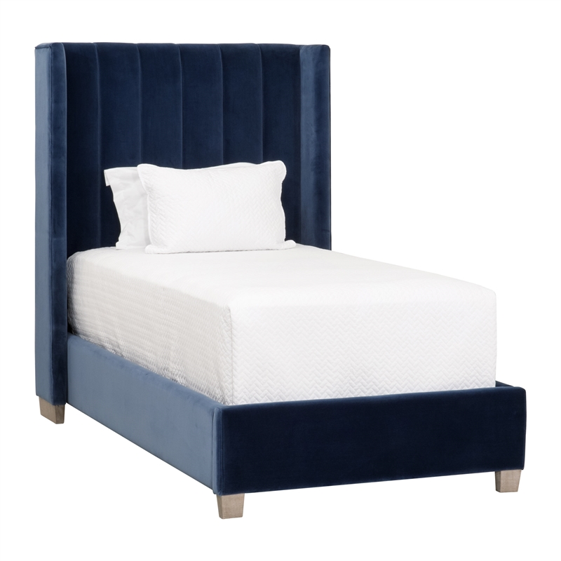 Maklaine Transitional Twin Bed in Denim Velvet and Natural Gray Oak