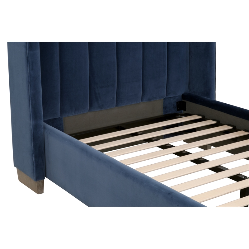 Maklaine Transitional Twin Bed in Denim Velvet and Natural Gray Oak