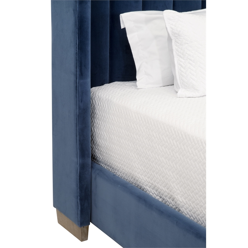 Maklaine Transitional Twin Bed in Denim Velvet and Natural Gray Oak
