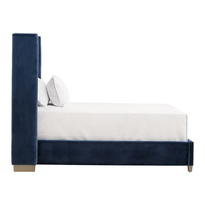 Maklaine Transitional Twin Bed in Denim Velvet and Natural Gray Oak