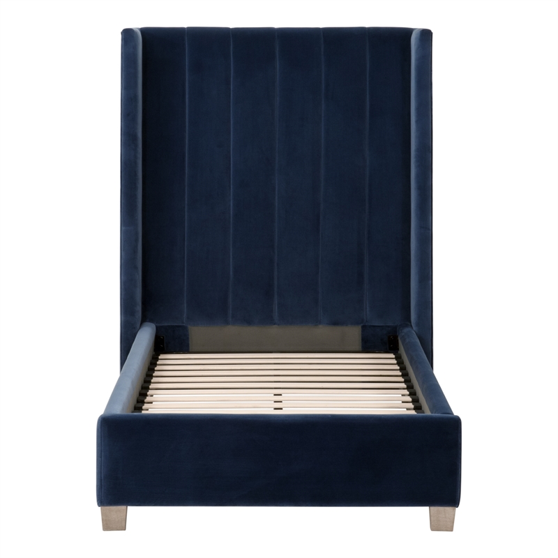 Maklaine Transitional Twin Bed in Denim Velvet and Natural Gray Oak