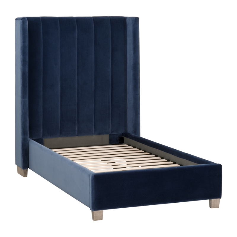 Maklaine Transitional Twin Bed in Denim Velvet and Natural Gray Oak