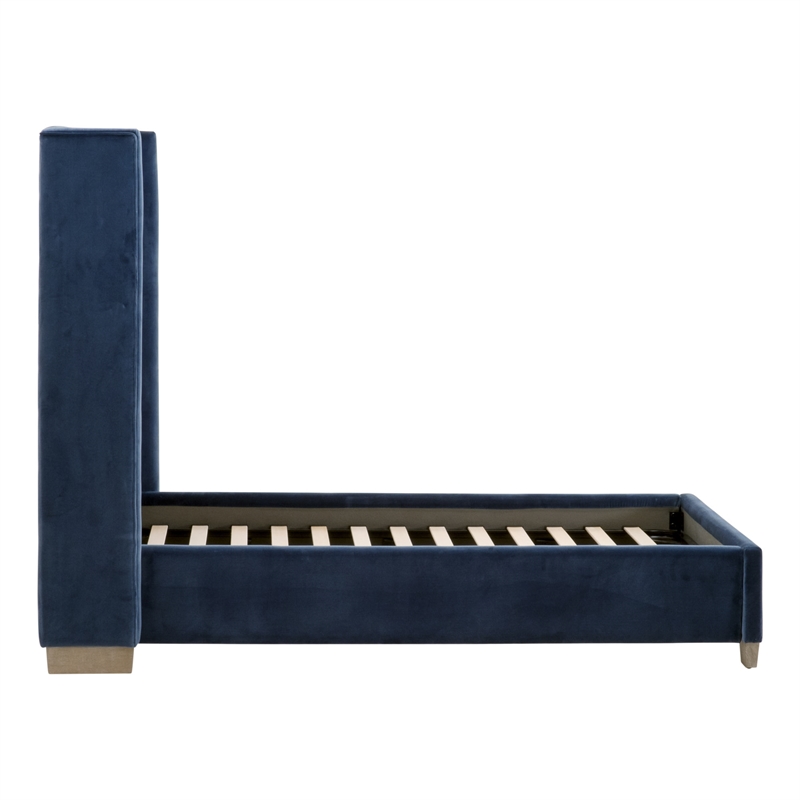Maklaine Transitional Twin Bed in Denim Velvet and Natural Gray Oak