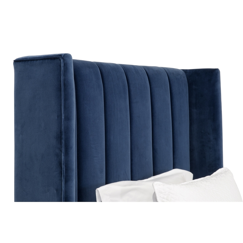 Maklaine Transitional Twin Bed in Denim Velvet and Natural Gray Oak