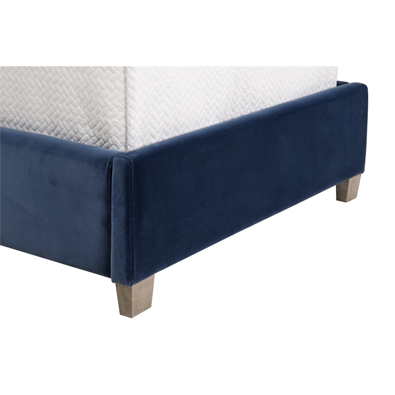 Maklaine Transitional Twin Bed in Denim Velvet and Natural Gray Oak
