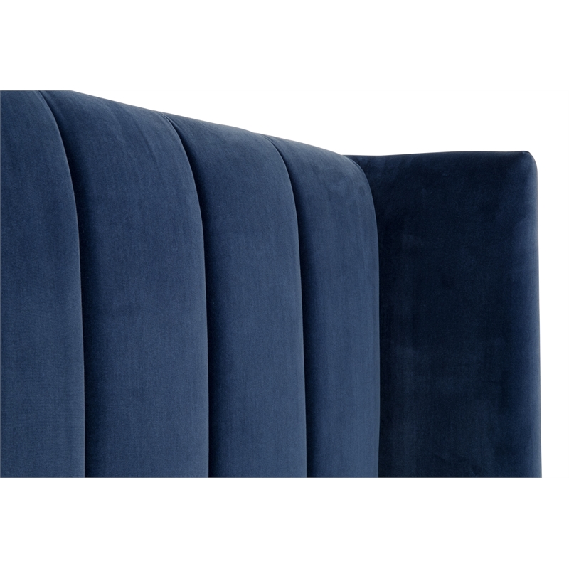Maklaine Transitional Twin Bed in Denim Velvet and Natural Gray Oak