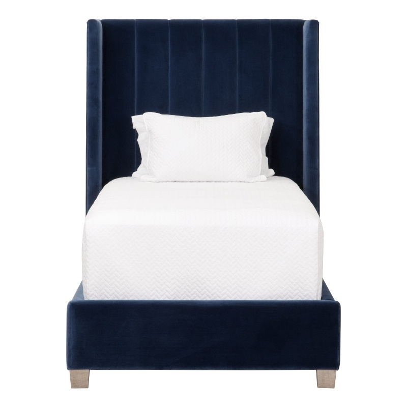 Maklaine Transitional Twin Bed in Denim Velvet and Natural Gray Oak