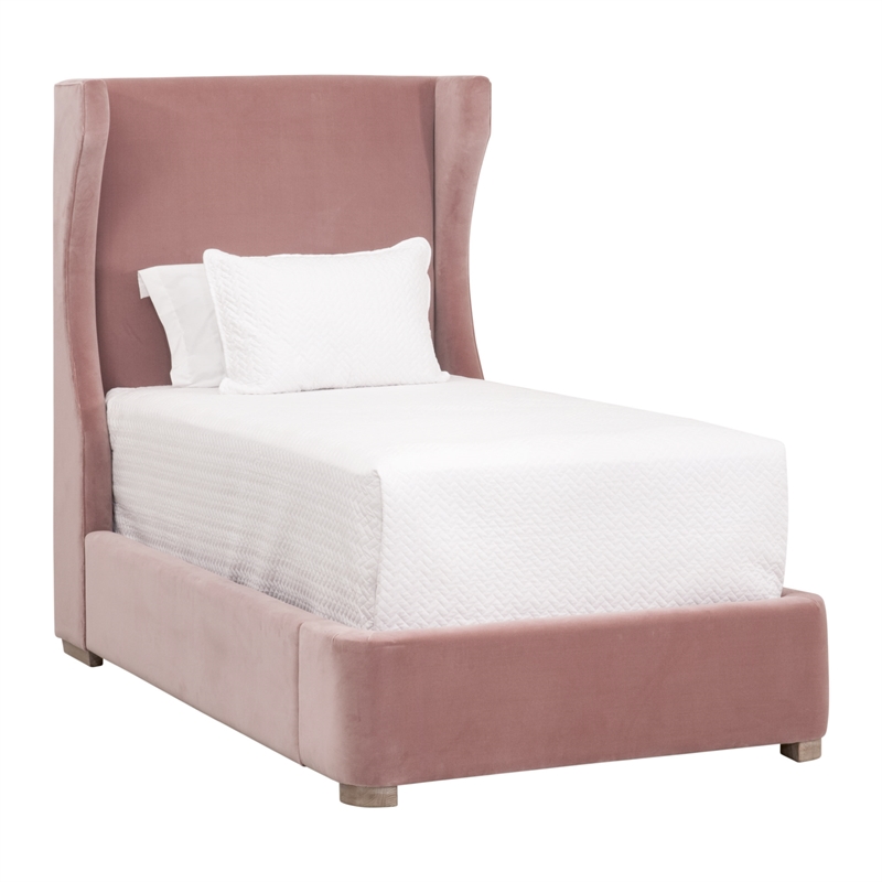 Maklaine Transitional Twin Bed in Petal Pink Velvet and Natural Gray Oak
