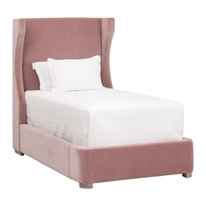 Maklaine Transitional Twin Bed in Petal Pink Velvet and Natural Gray Oak
