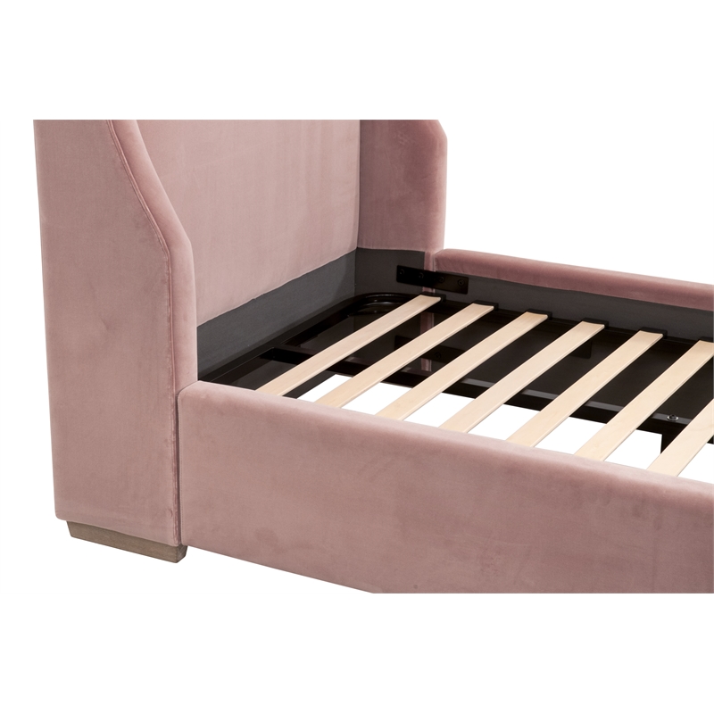 Maklaine Transitional Twin Bed in Petal Pink Velvet and Natural Gray Oak