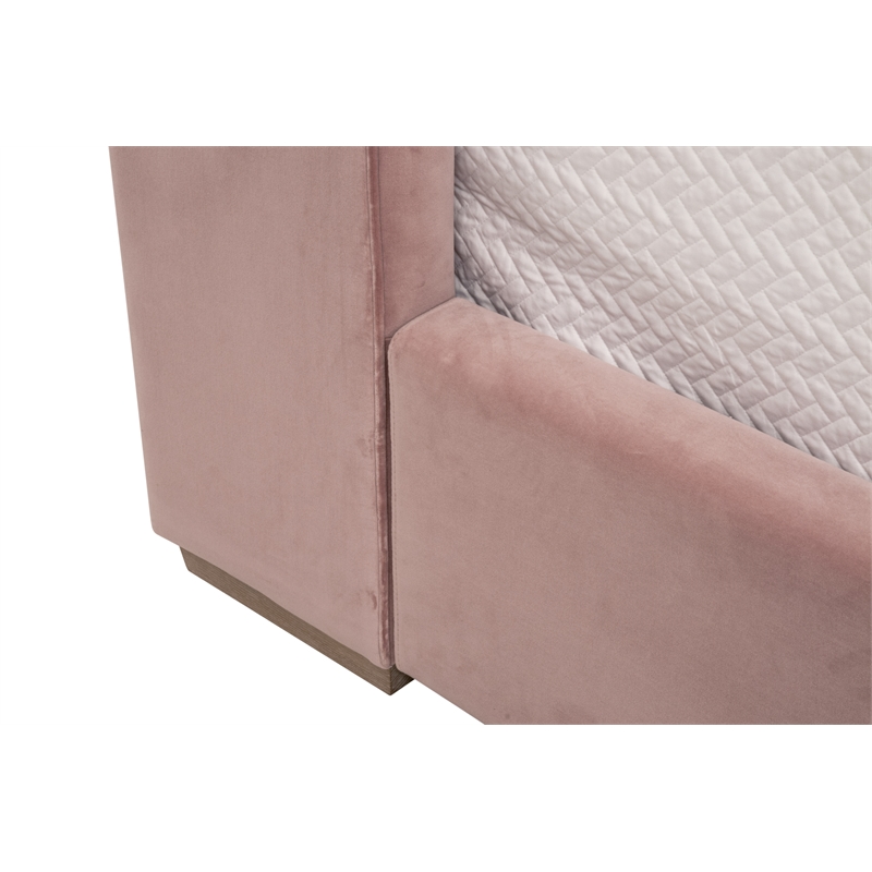 Maklaine Transitional Twin Bed in Petal Pink Velvet and Natural Gray Oak