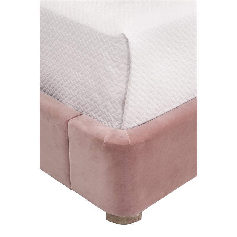 Maklaine Transitional Twin Bed in Petal Pink Velvet and Natural Gray Oak