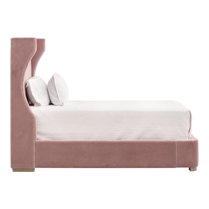Maklaine Transitional Twin Bed in Petal Pink Velvet and Natural Gray Oak