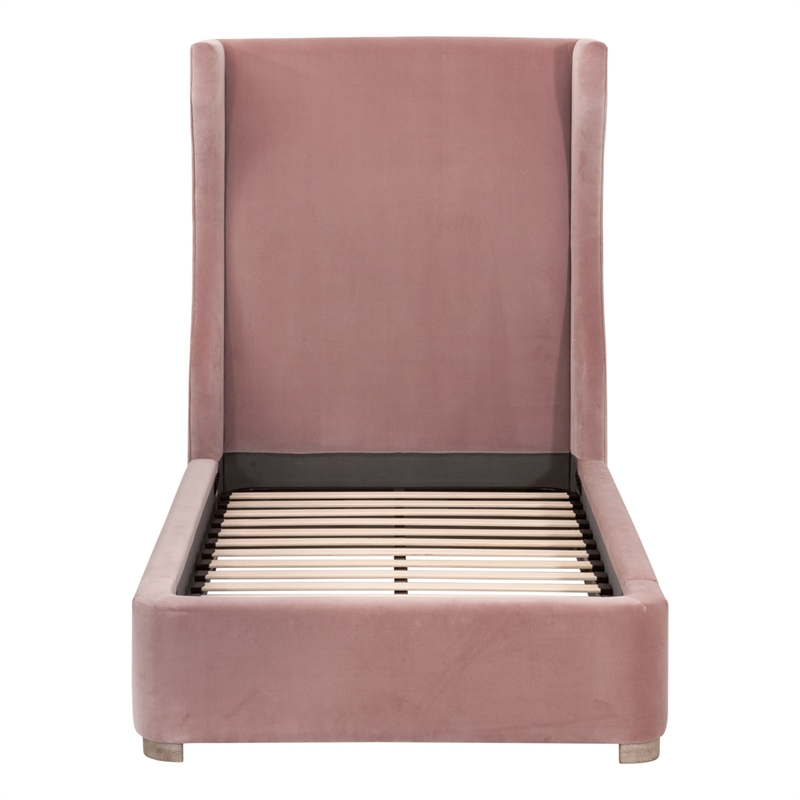 Maklaine Transitional Twin Bed in Petal Pink Velvet and Natural Gray Oak
