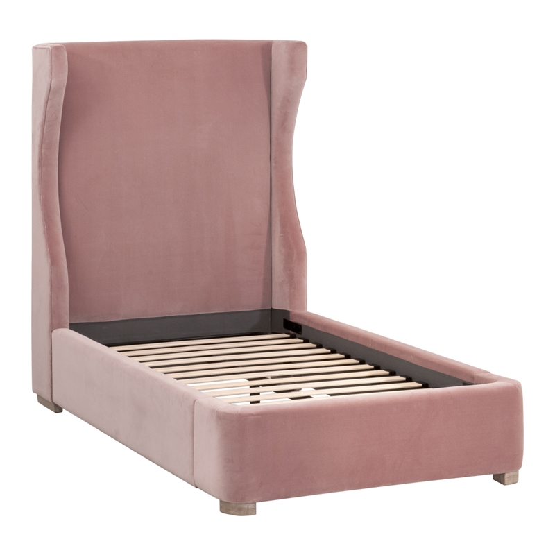Maklaine Transitional Twin Bed in Petal Pink Velvet and Natural Gray Oak