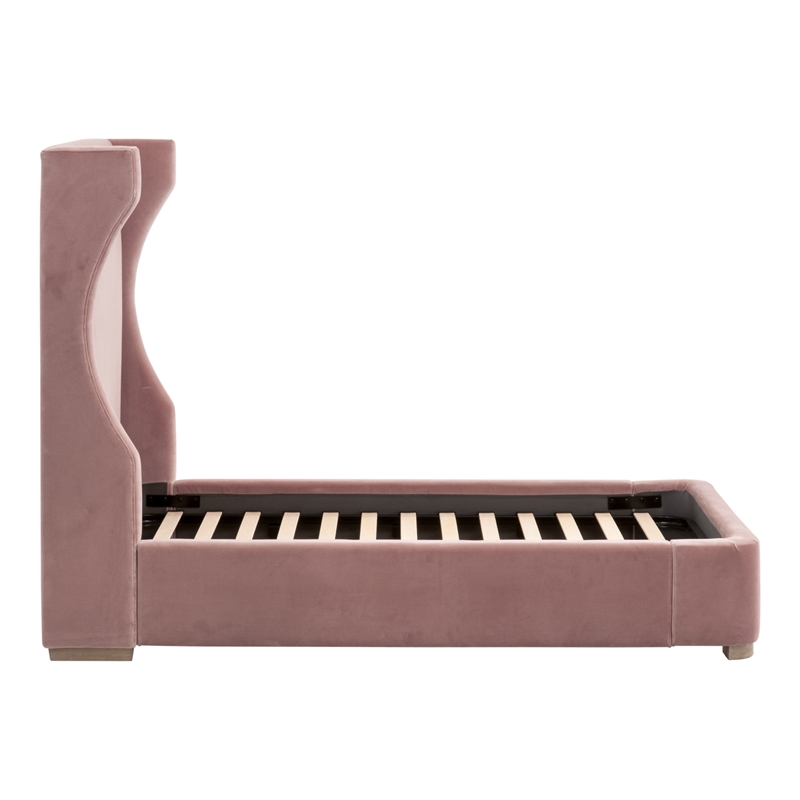 Maklaine Transitional Twin Bed in Petal Pink Velvet and Natural Gray Oak