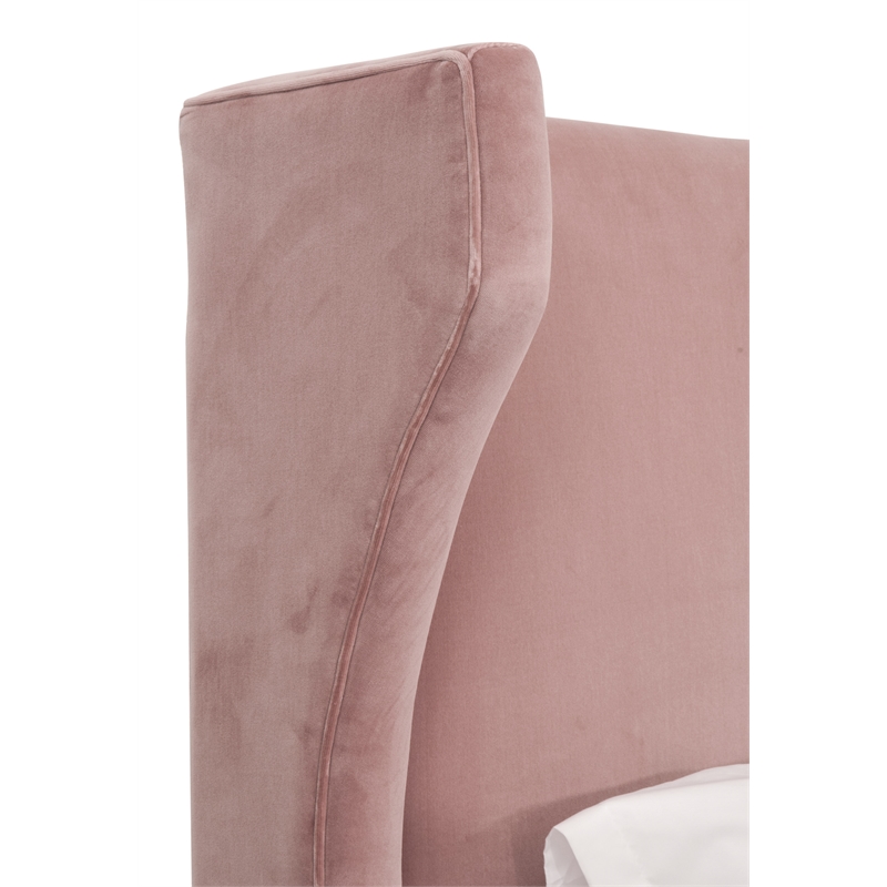 Maklaine Transitional Twin Bed in Petal Pink Velvet and Natural Gray Oak