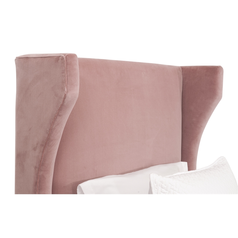 Maklaine Transitional Twin Bed in Petal Pink Velvet and Natural Gray Oak