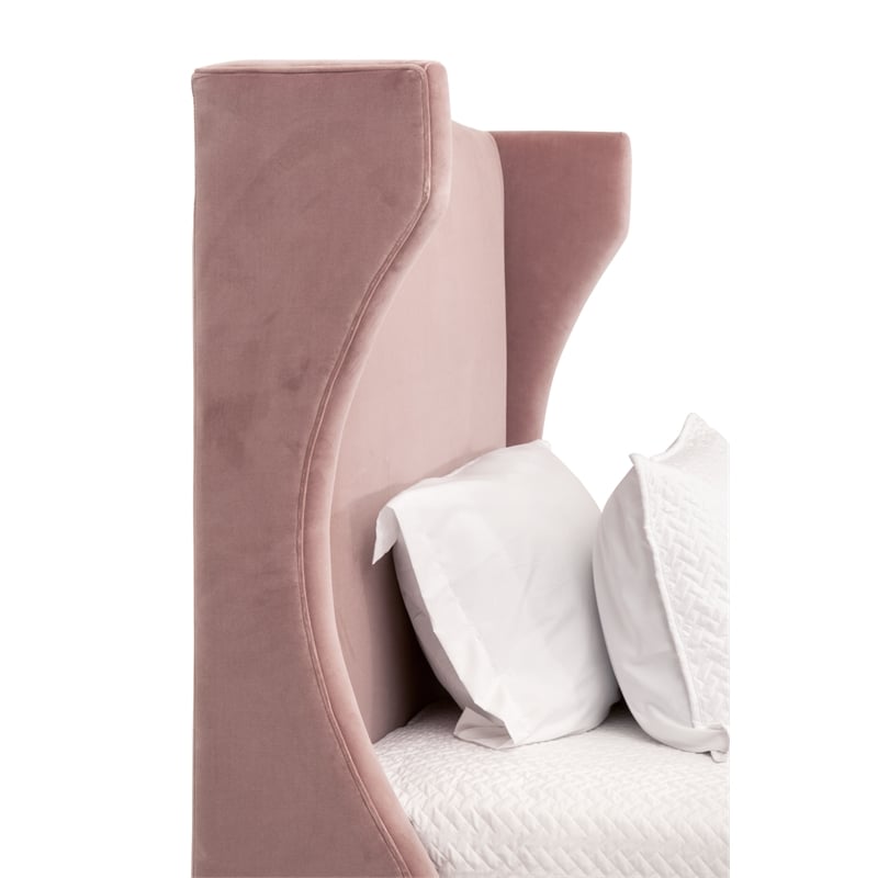 Maklaine Transitional Twin Bed in Petal Pink Velvet and Natural Gray Oak
