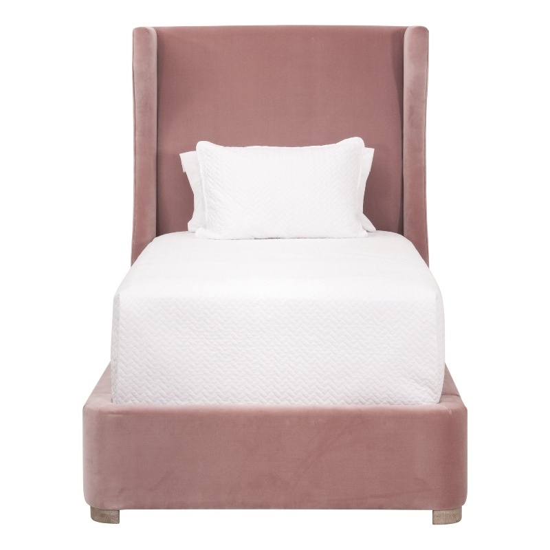 Maklaine Transitional Twin Bed in Petal Pink Velvet and Natural Gray Oak