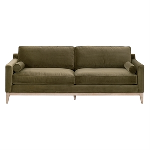 Maklaine Transitional 86&quot Sofa in Olive Green Velvet and Natural Gray Oak