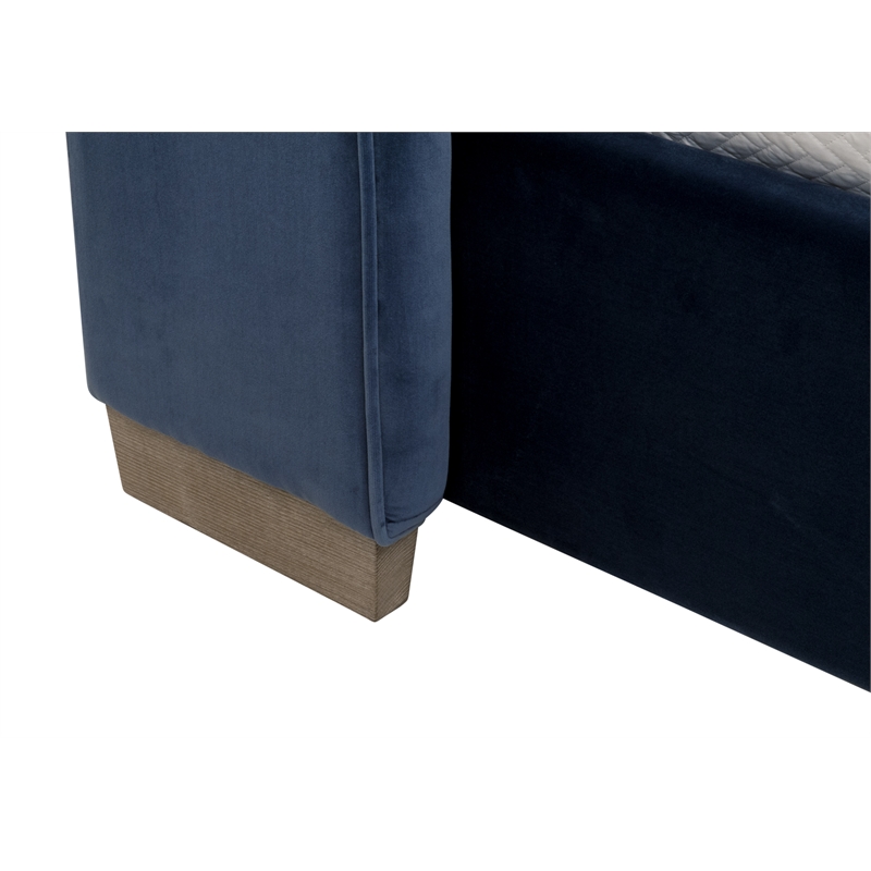 Maklaine Transitional Queen Bed in Denim Blue Velvet and Natural Gray Oak