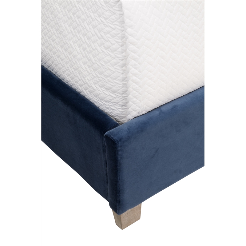Maklaine Transitional Queen Bed in Denim Blue Velvet and Natural Gray Oak