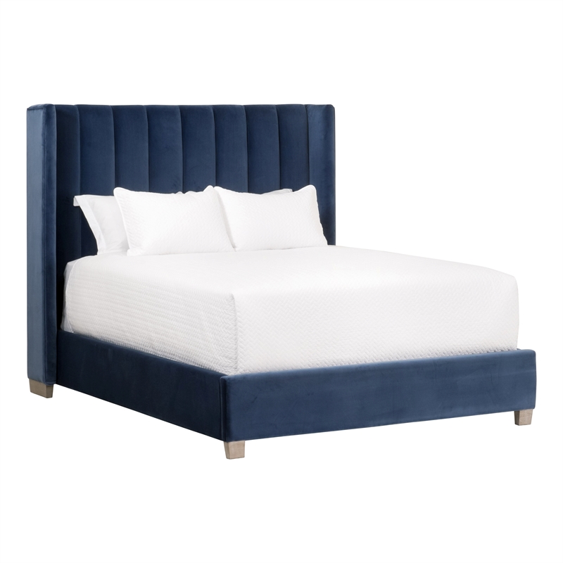 Maklaine Transitional Queen Bed in Denim Blue Velvet and Natural Gray Oak