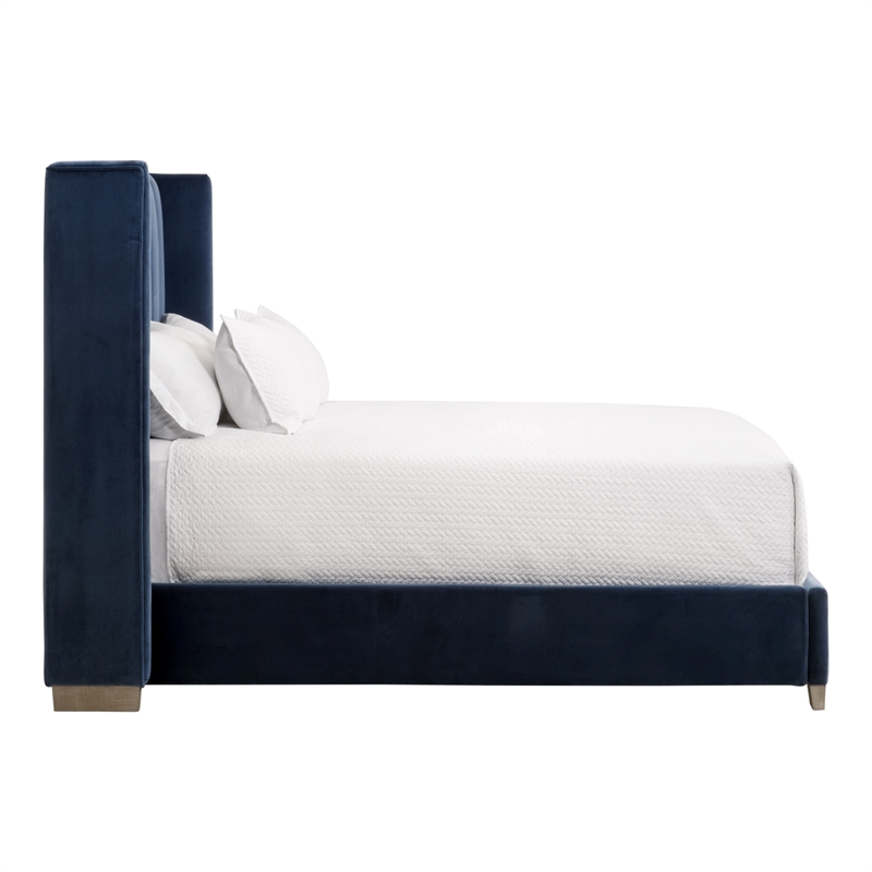 Maklaine Transitional Queen Bed in Denim Blue Velvet and Natural Gray Oak