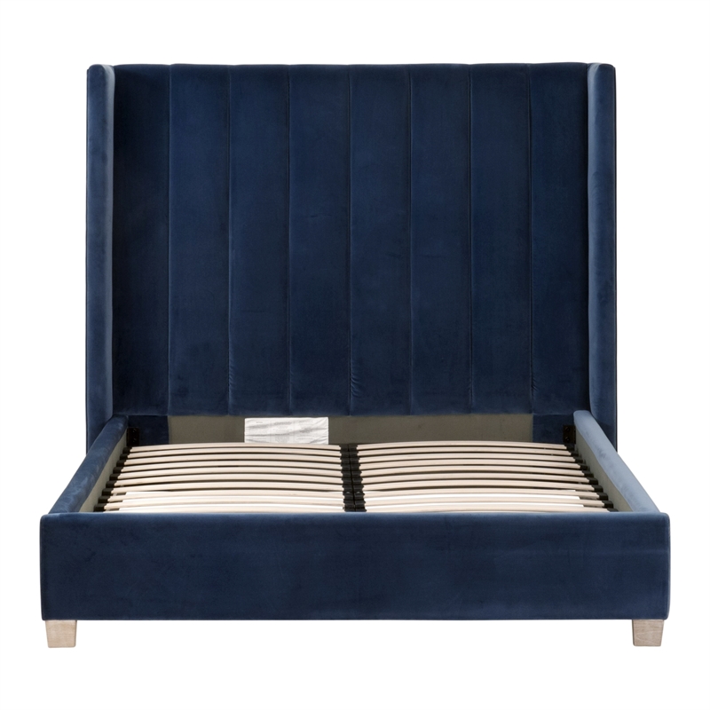Maklaine Transitional Queen Bed in Denim Blue Velvet and Natural Gray Oak