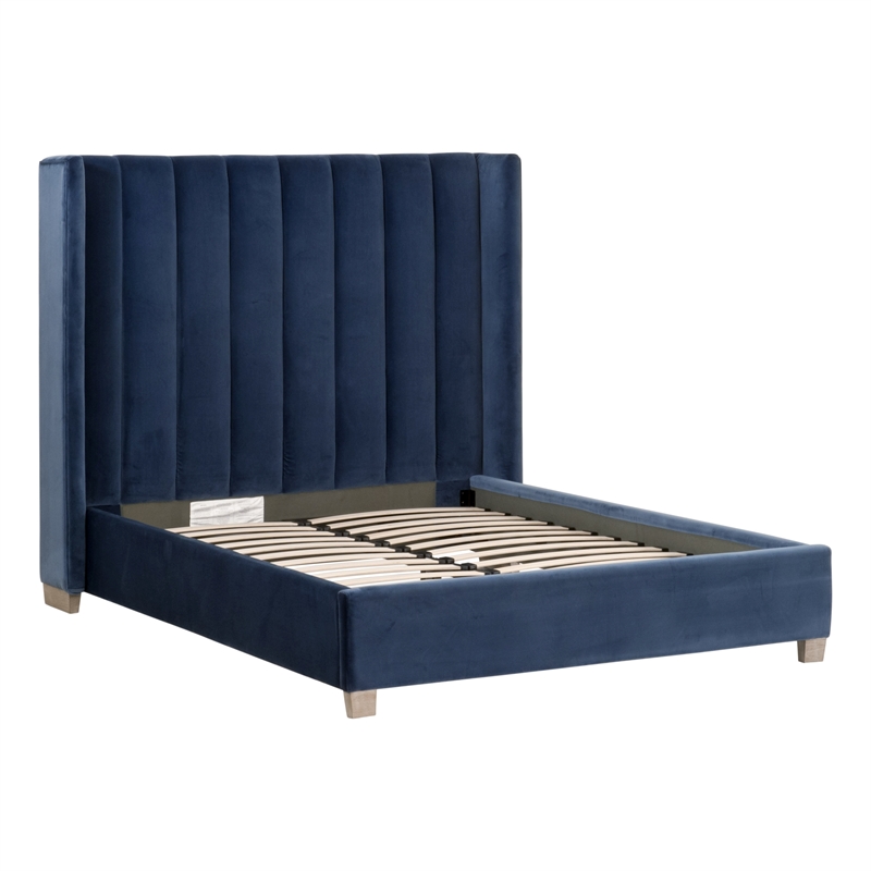 Maklaine Transitional Queen Bed in Denim Blue Velvet and Natural Gray Oak