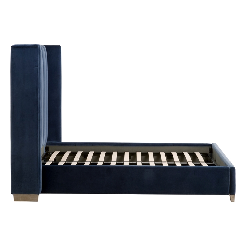 Maklaine Transitional Queen Bed in Denim Blue Velvet and Natural Gray Oak