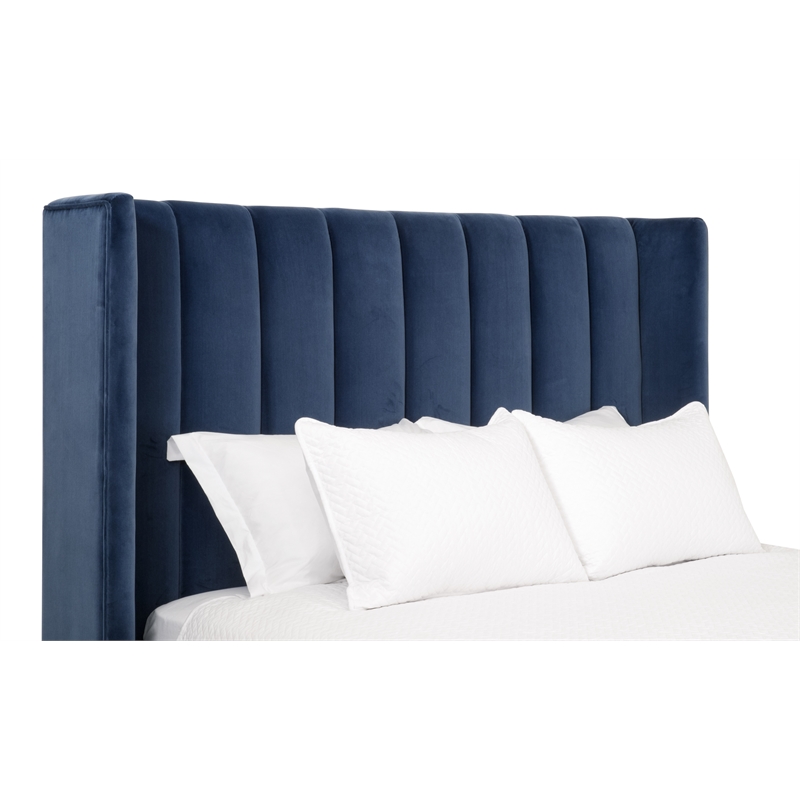 Maklaine Transitional Queen Bed in Denim Blue Velvet and Natural Gray Oak