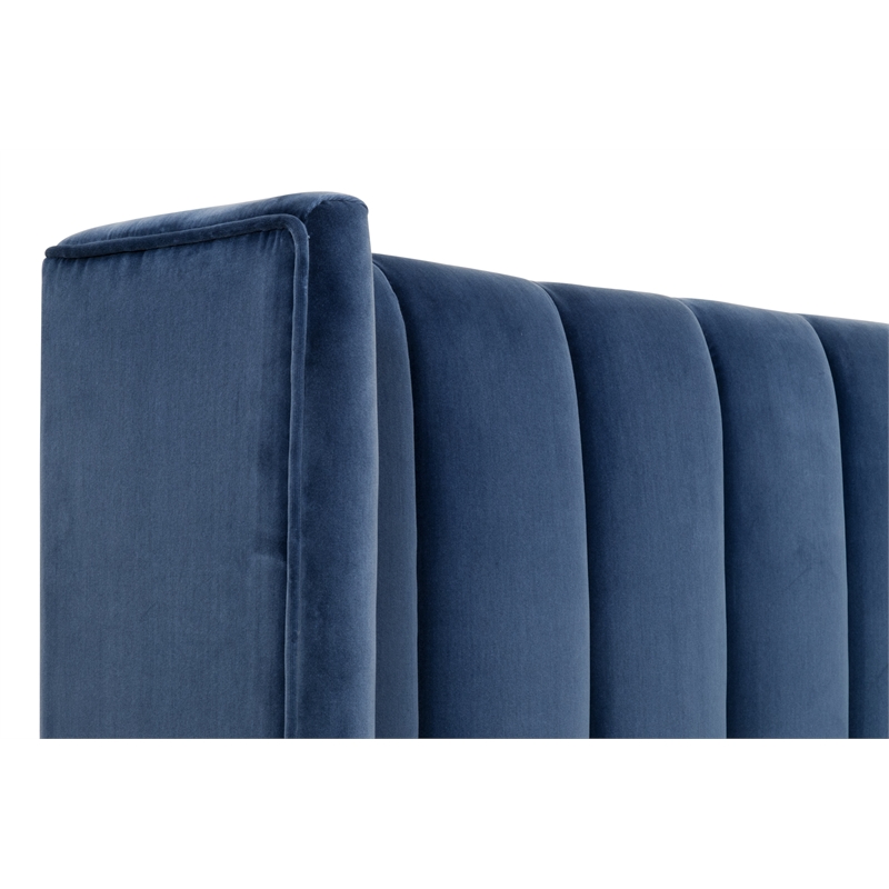 Maklaine Transitional Queen Bed in Denim Blue Velvet and Natural Gray Oak