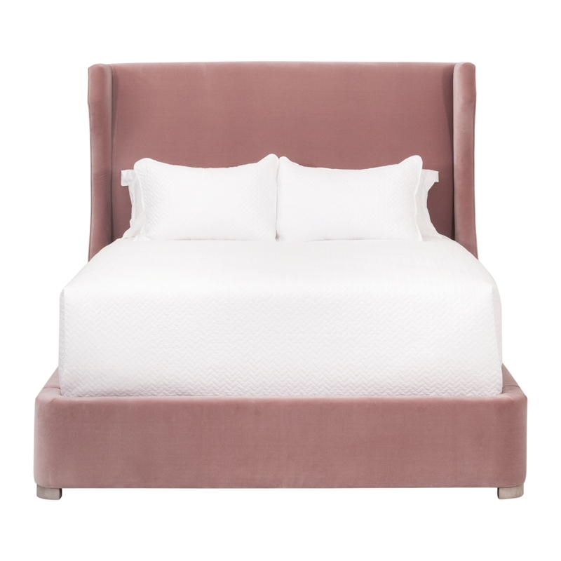 Maklaine Transitional Queen Bed in Petal Pink Velvet and Natural Gray Oak