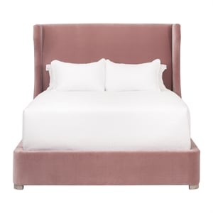 Maklaine Transitional Queen Bed in Petal Pink Velvet and Natural Gray Oak