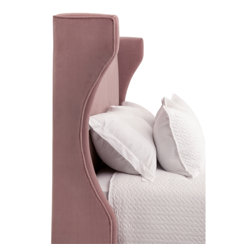 Maklaine Transitional Queen Bed in Petal Pink Velvet and Natural Gray Oak