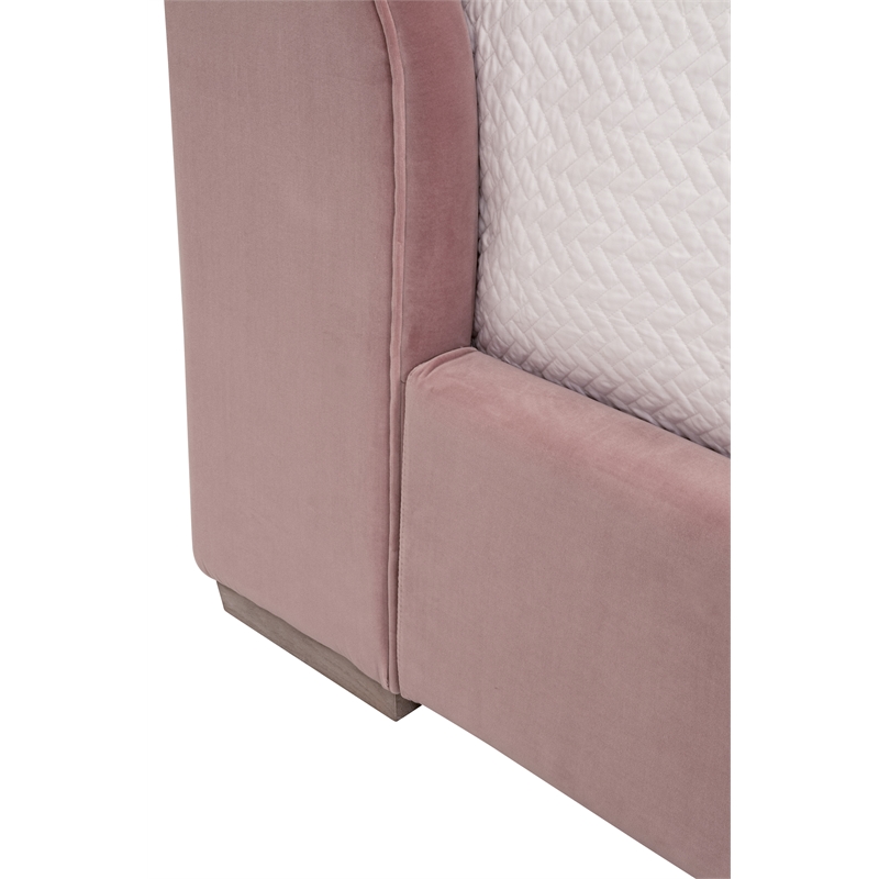 Maklaine Transitional Queen Bed in Petal Pink Velvet and Natural Gray Oak