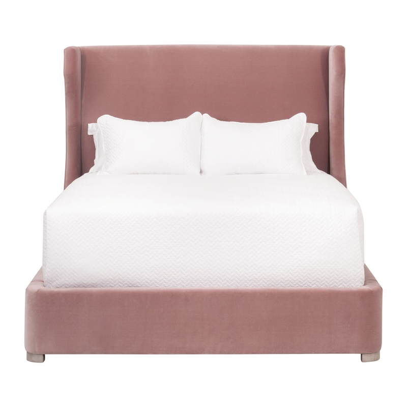 Maklaine Transitional Queen Bed in Petal Pink Velvet and Natural Gray Oak