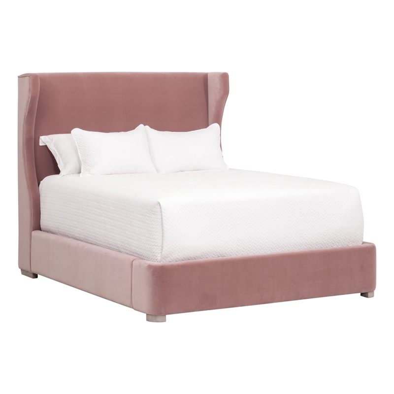 Maklaine Transitional Queen Bed in Petal Pink Velvet and Natural Gray Oak