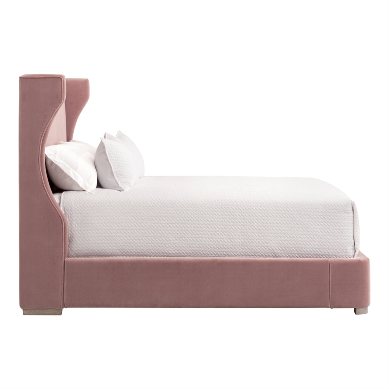 Maklaine Transitional Queen Bed in Petal Pink Velvet and Natural Gray Oak