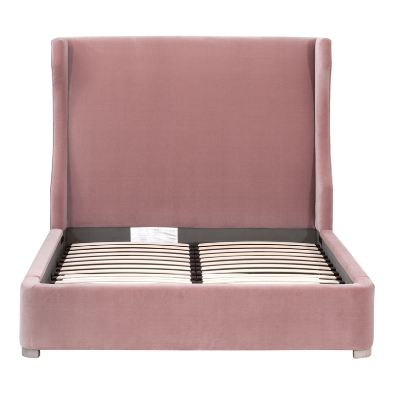 Maklaine Transitional Queen Bed in Petal Pink Velvet and Natural Gray Oak