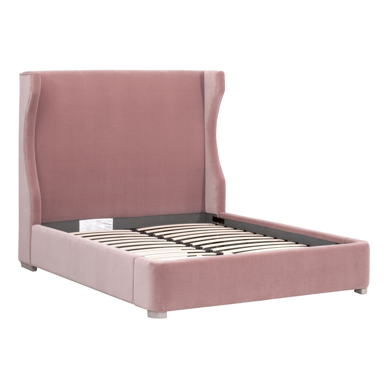 Maklaine Transitional Queen Bed in Petal Pink Velvet and Natural Gray Oak